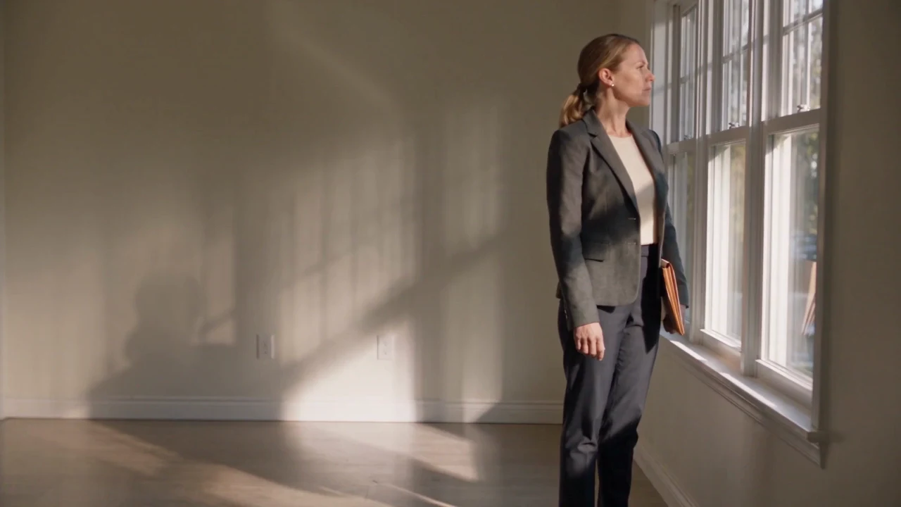 A woman considers a property from beside a sunlit window.