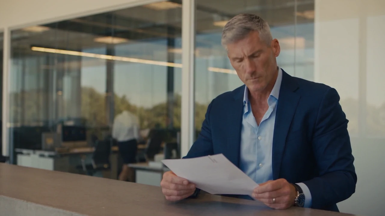 A broker reviews paperwork at an office counter.