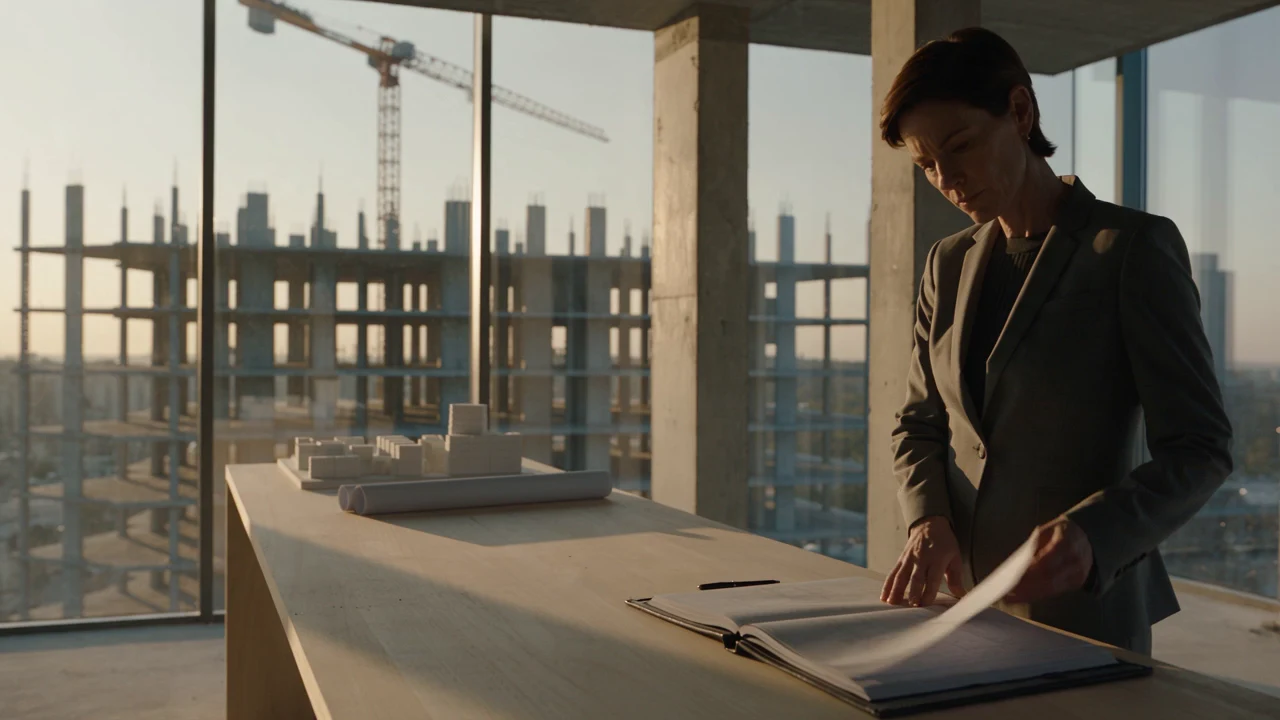 An owner reviews project information in a development office and looks toward the active project.